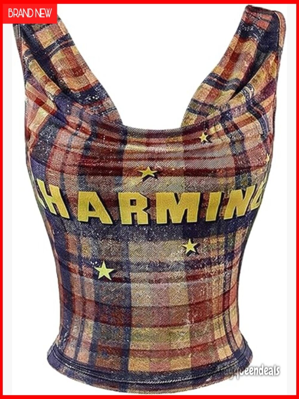 Plaid Cowl Neck Crop Tank Top Y2K Sleeveless Summer Concert Top
